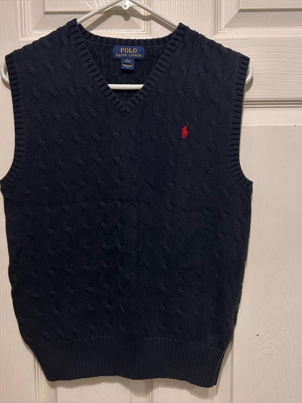 Polo Ralph Lauren Boys Large 14-16 Cable Knit Sweater Vest Navy Preppy Old Money